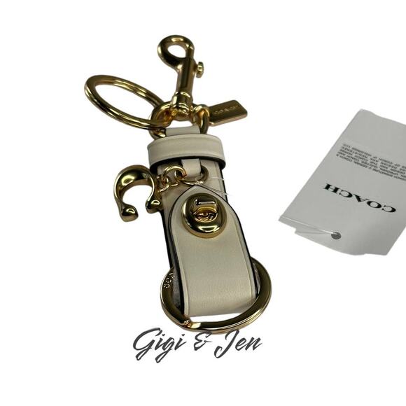 Coach Trigger Snap Bag Charm Refined Leather Key Chain FOB Chalk / Gold - Picture 1 of 4